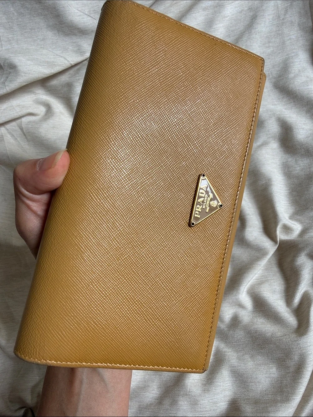 Prada Saffiano Leather Flap Wallet in Mustard Yellow
